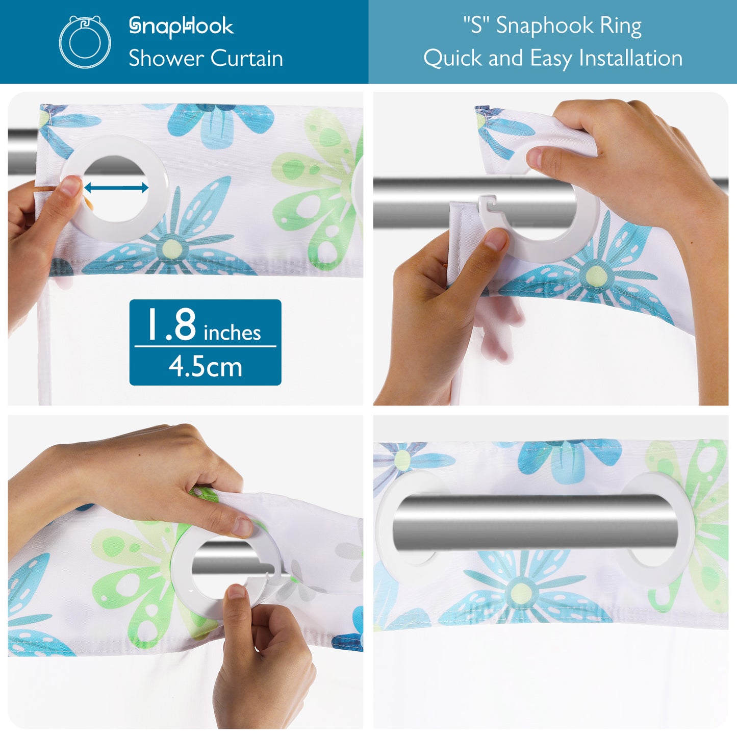 SnapHook Floral Shower Curtain with Snap-in Liner | 71WX74L, Green Bouquet