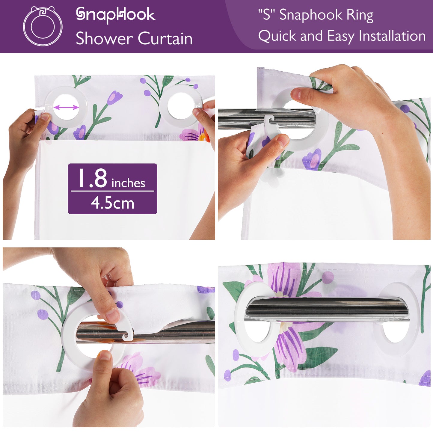 SnapHook Floral Shower Curtain with Snap-in Liner | 71WX74L, Purple Bouquet