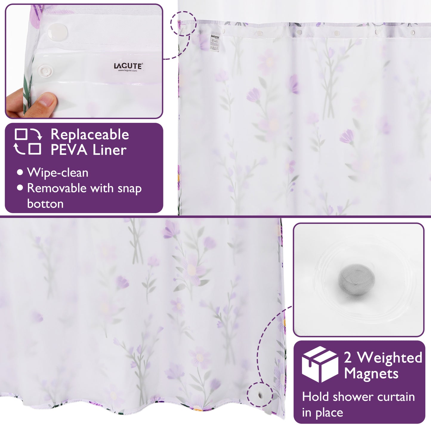 SnapHook Floral Shower Curtain with Snap-in Liner | 71WX74L, Purple Bouquet