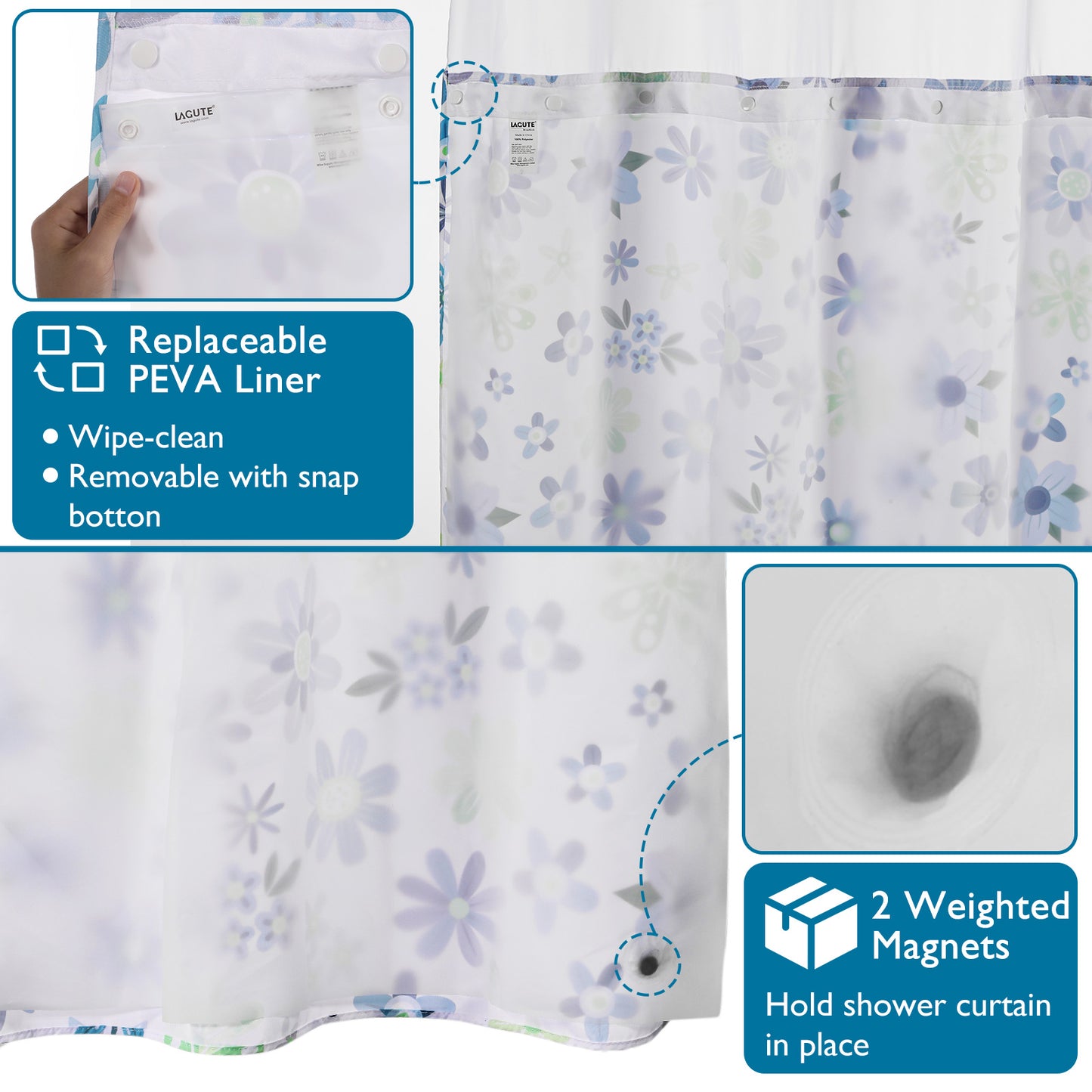 SnapHook Floral Shower Curtain with Snap-in Liner | 71WX74L, Green Bouquet