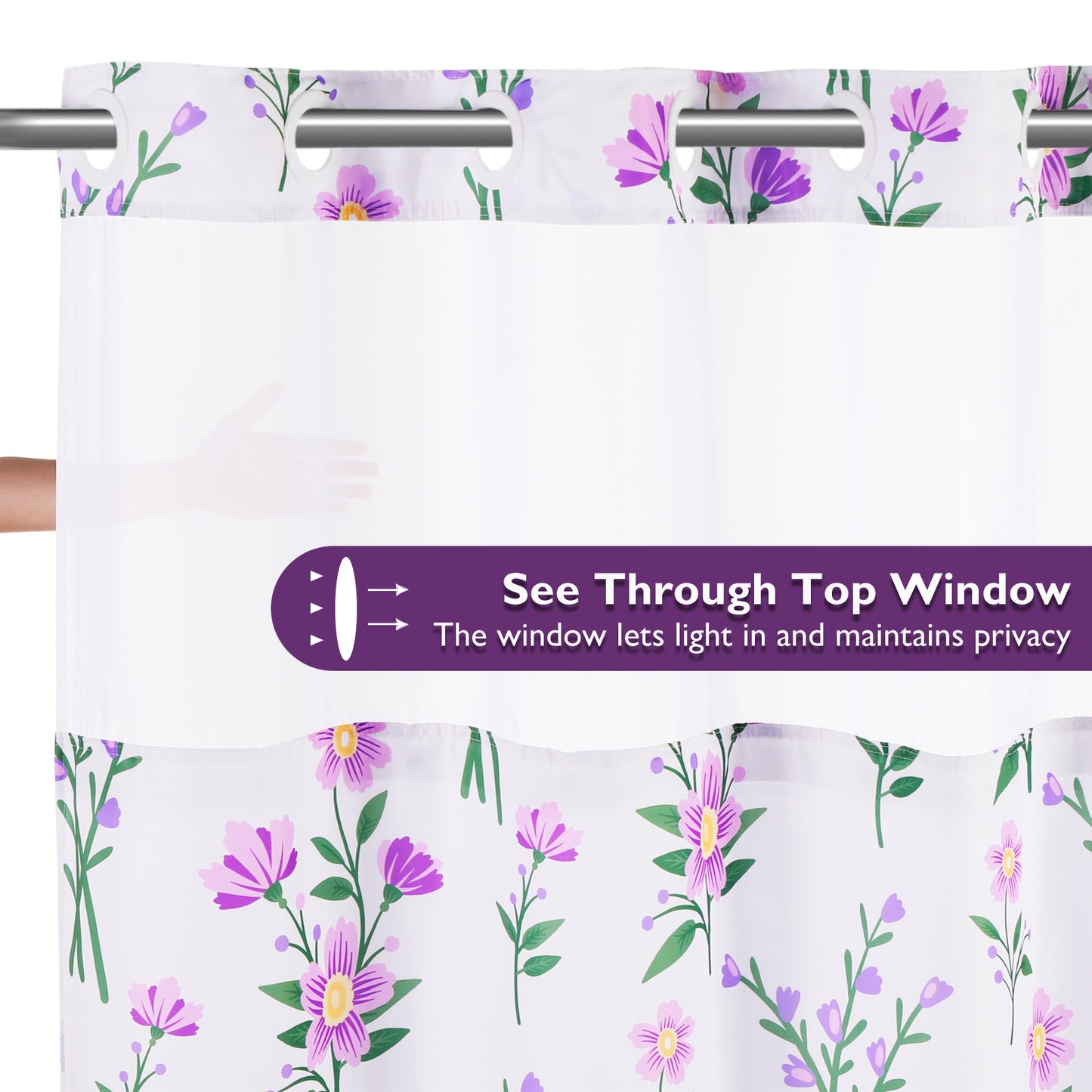 SnapHook Floral Shower Curtain with Snap-in Liner | 71WX74L, Purple Bouquet