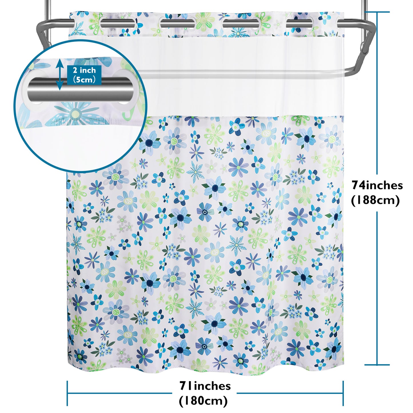 SnapHook Floral Shower Curtain with Snap-in Liner | 71WX74L, Green Bouquet
