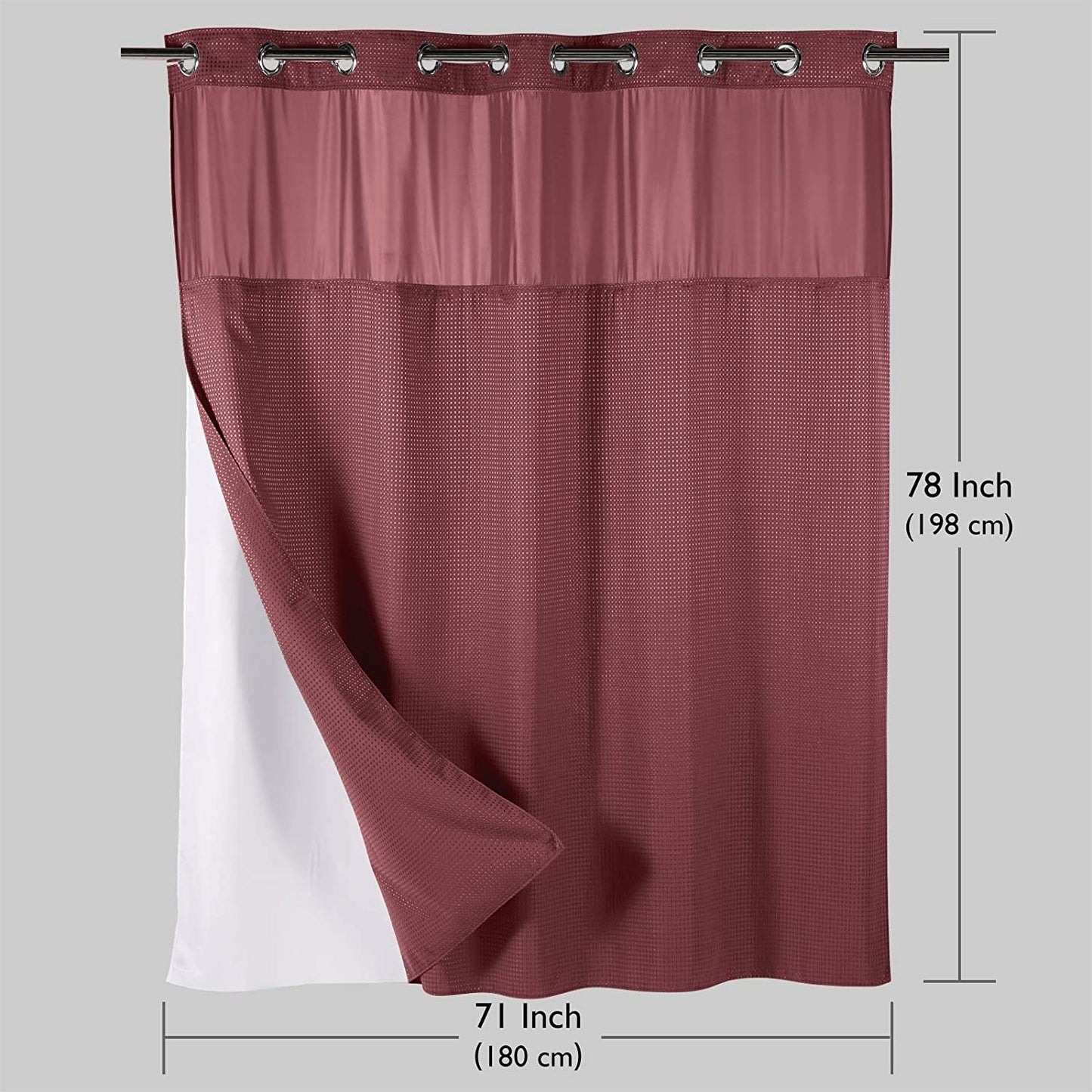 SnapHook Waffle Weave Fabric Shower Curtain with Snap-in Liner | 71WX78L, Wine Red