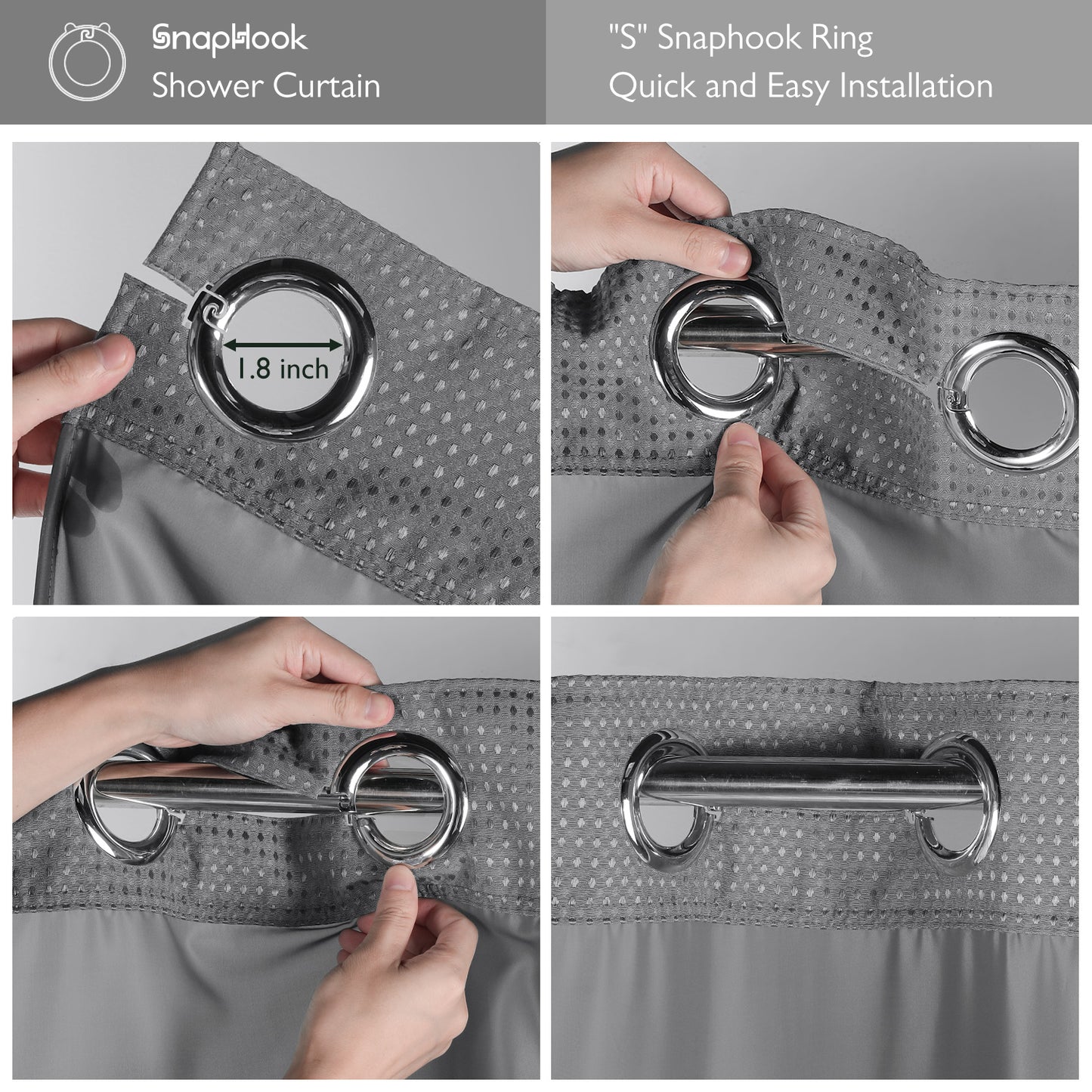 SnapHook Waffle Weave Fabric Shower Curtain with Snap-in Liner | 71WX78L, Light Gray