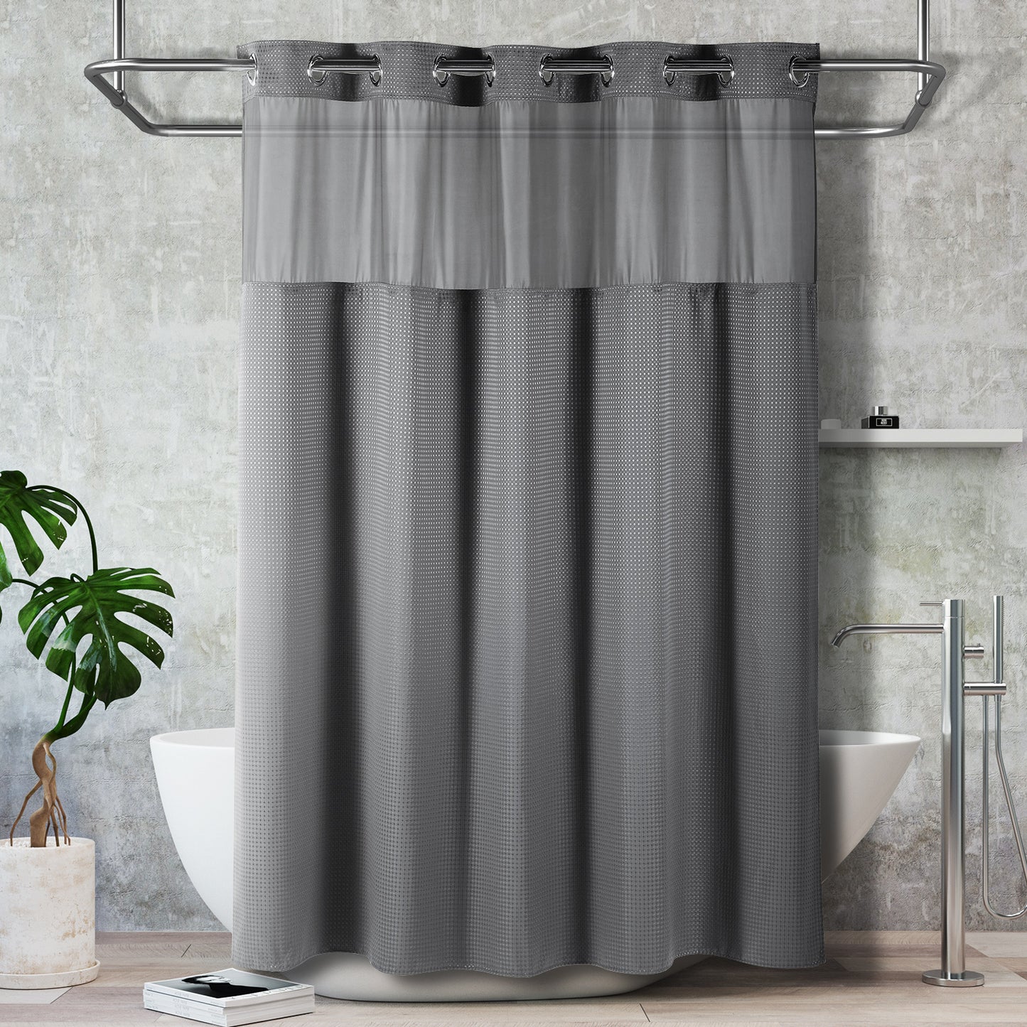 SnapHook Waffle Weave Fabric Shower Curtain with Snap-in Liner | 71WX78L, Light Gray