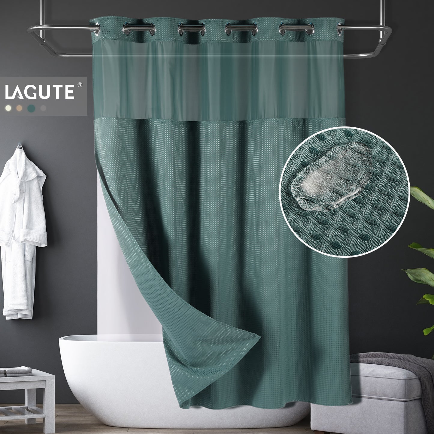 SnapHook Waffle Weave Fabric Shower Curtain with Snap-in Liner | 71WX78L, Sea Teal