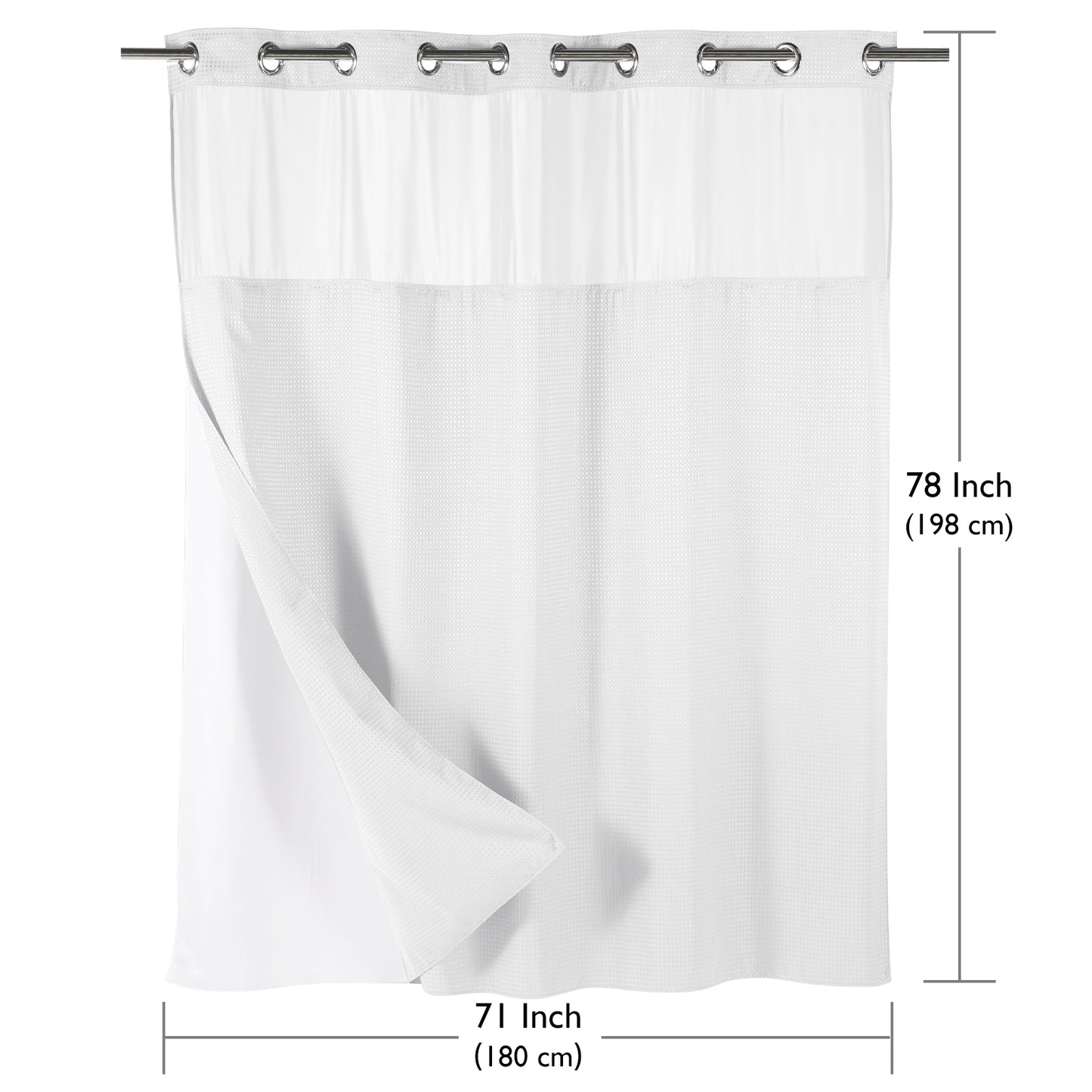 SnapHook Waffle Weave Fabric Shower Curtain with Snap-in Liner | 71WX78L, White