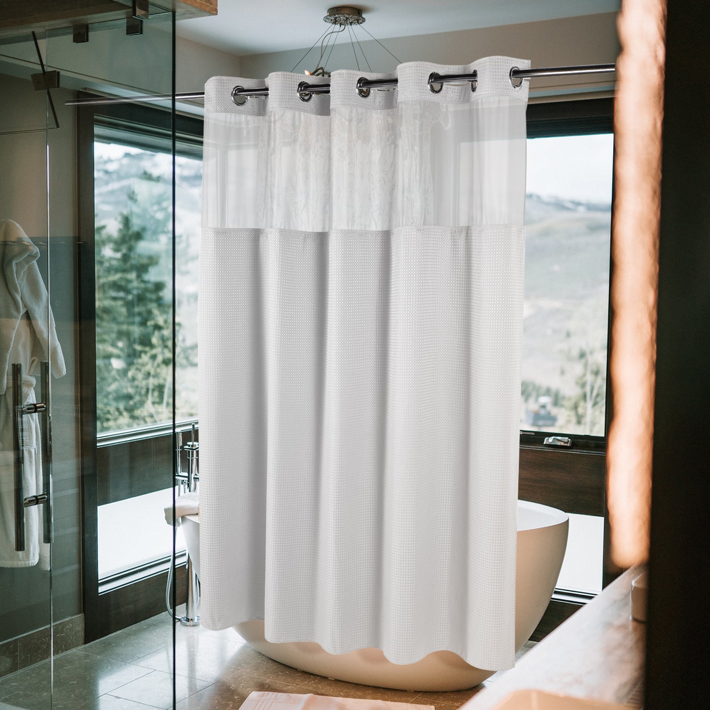 SnapHook Waffle Weave Fabric Shower Curtain with Snap-in Liner | 71WX78L, White