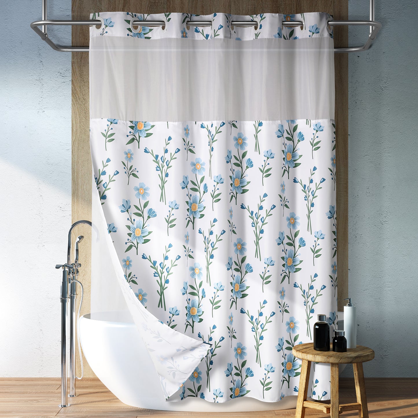 SnapHook Floral Shower Curtain with Snap-in Liner | 71WX74L, Blue Bouquet