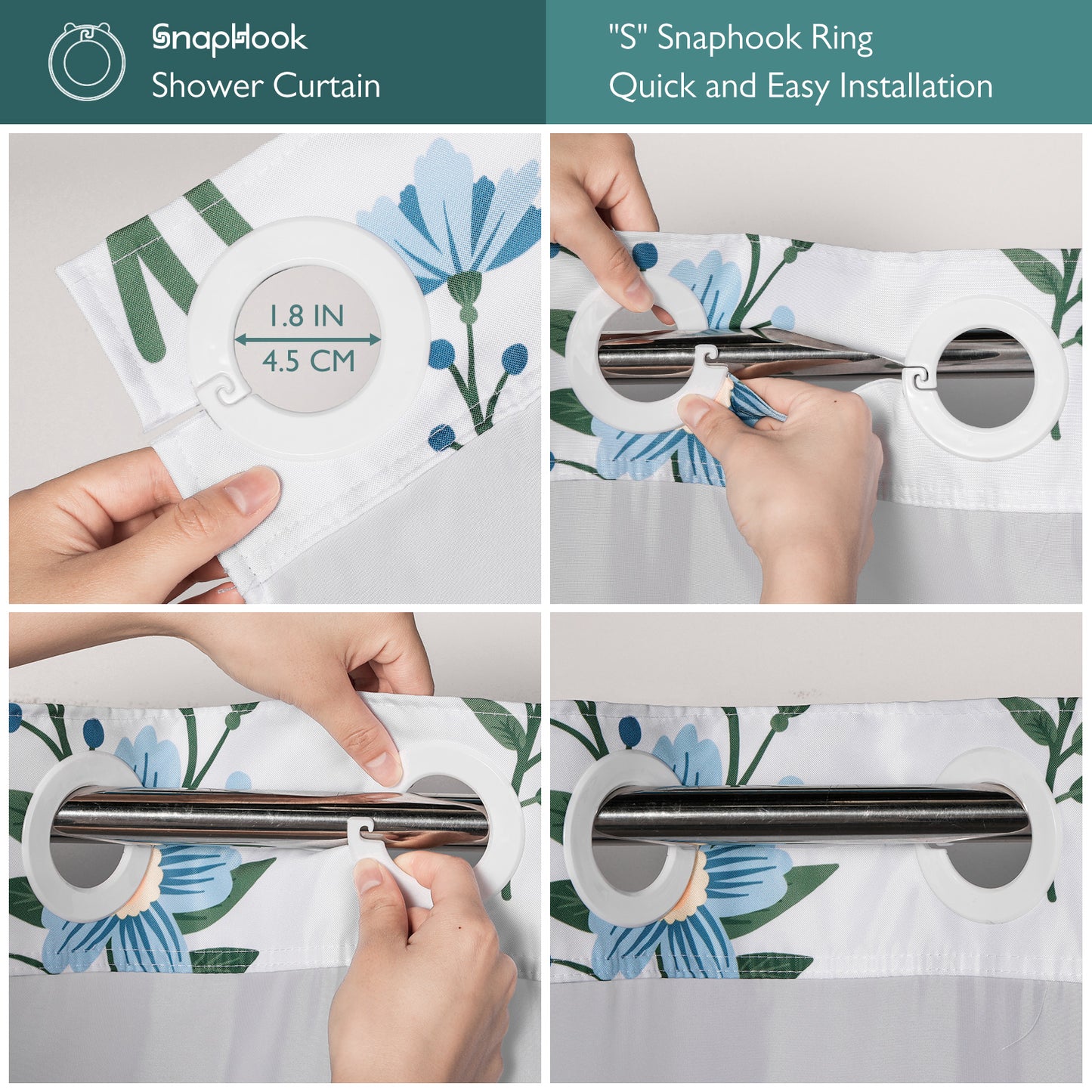 SnapHook Floral Shower Curtain with Snap-in Liner | 71WX74L, Blue Bouquet