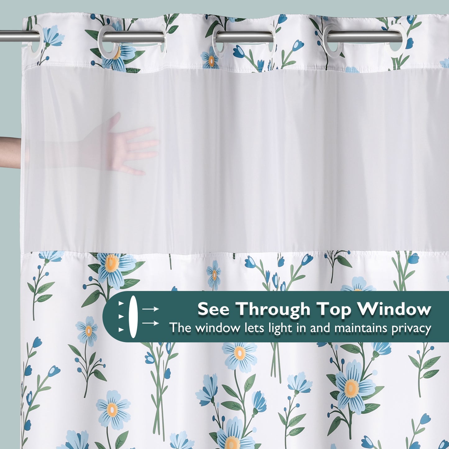 SnapHook Floral Shower Curtain with Snap-in Liner | 71WX74L, Blue Bouquet