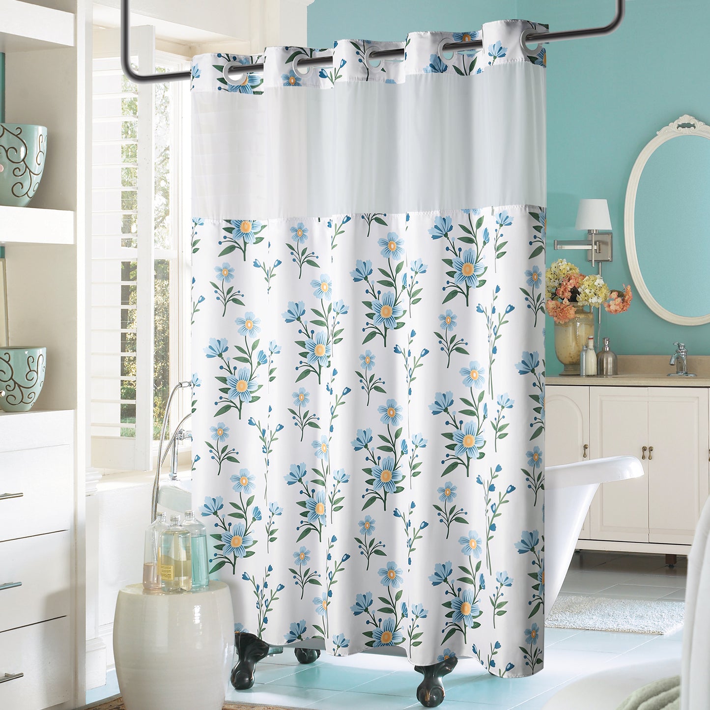 SnapHook Floral Shower Curtain with Snap-in Liner | 71WX74L, Blue Bouquet