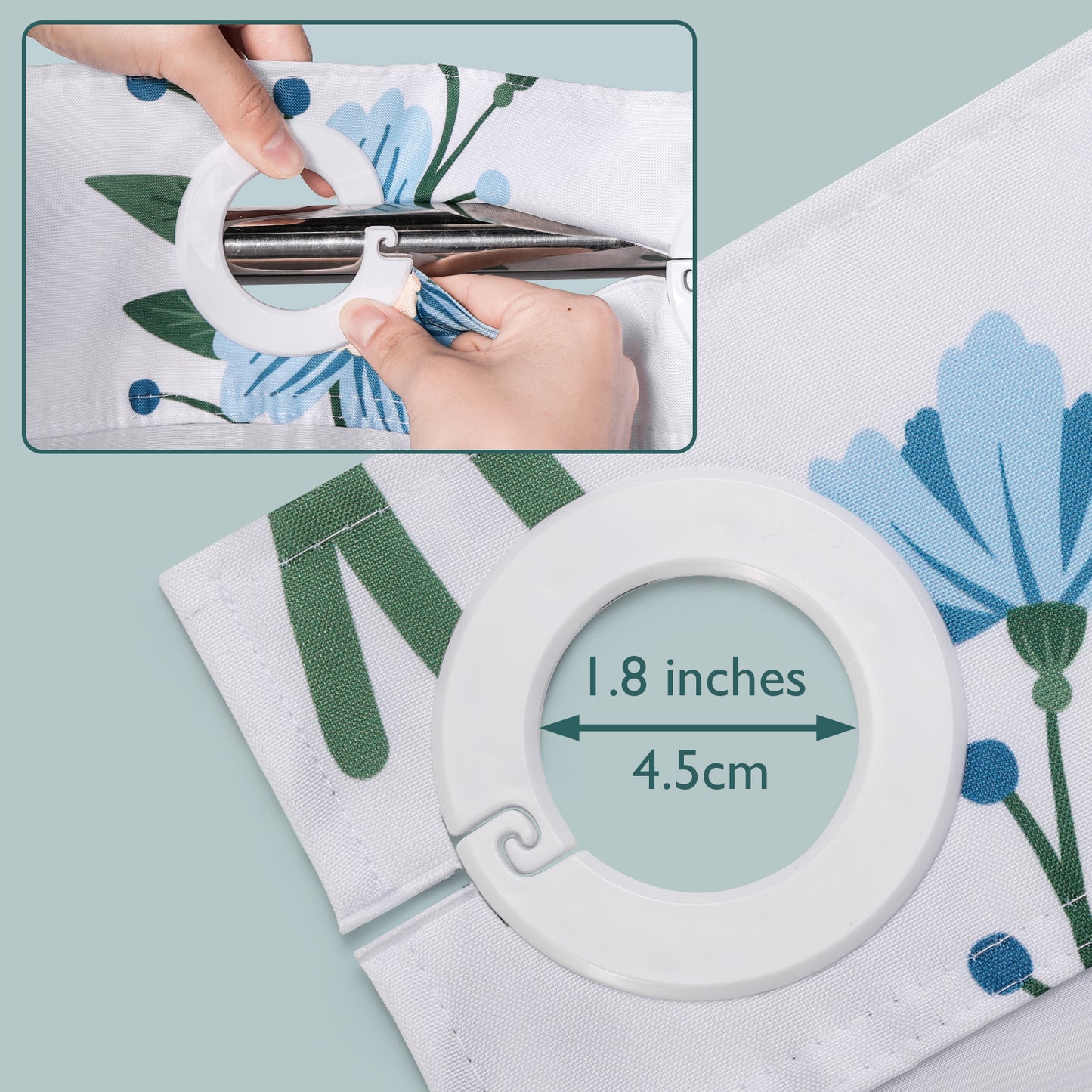 SnapHook Floral Shower Curtain with Snap-in Liner | 71WX74L, Blue Bouquet