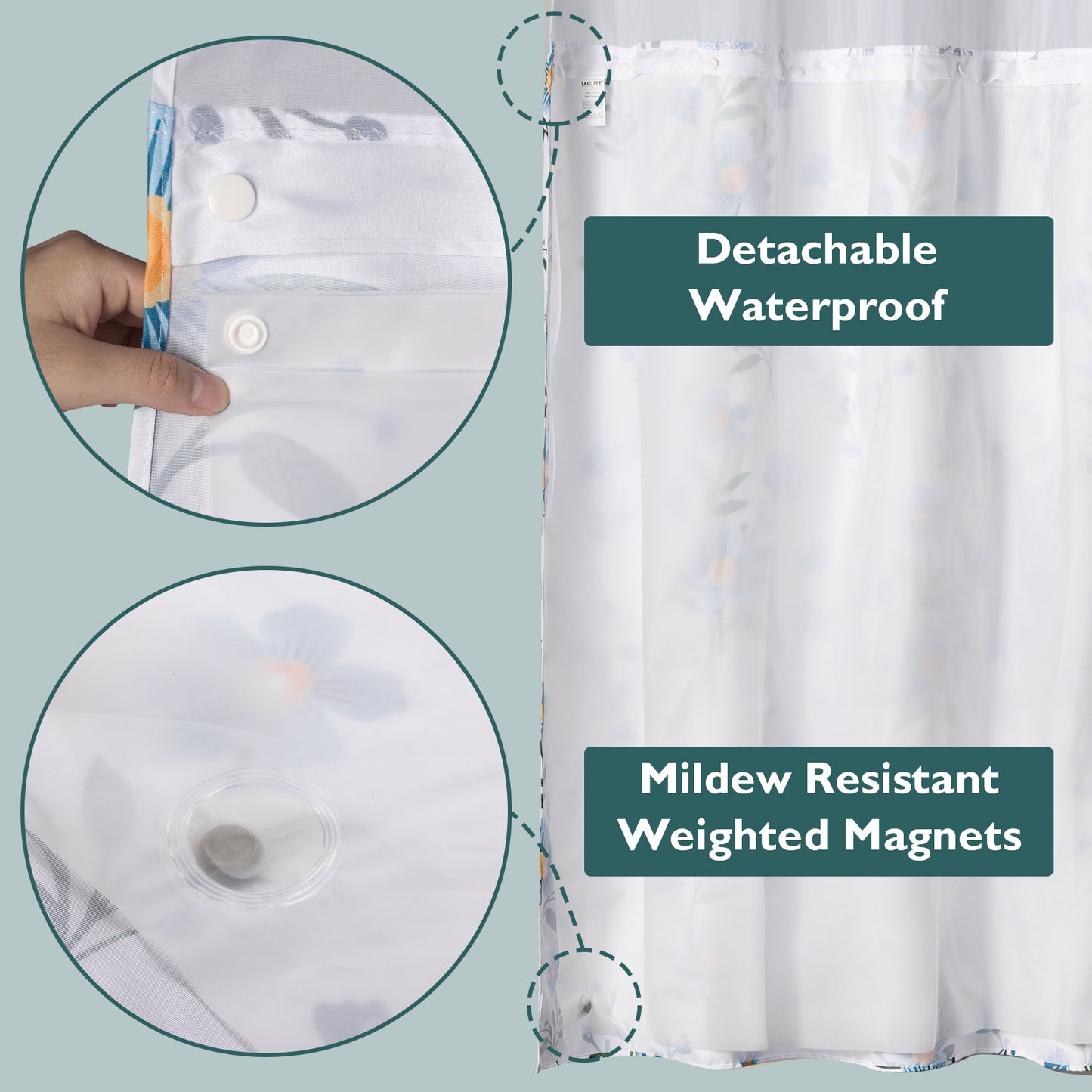 SnapHook Floral Shower Curtain with Snap-in Liner | 71WX74L, Blue Bouquet