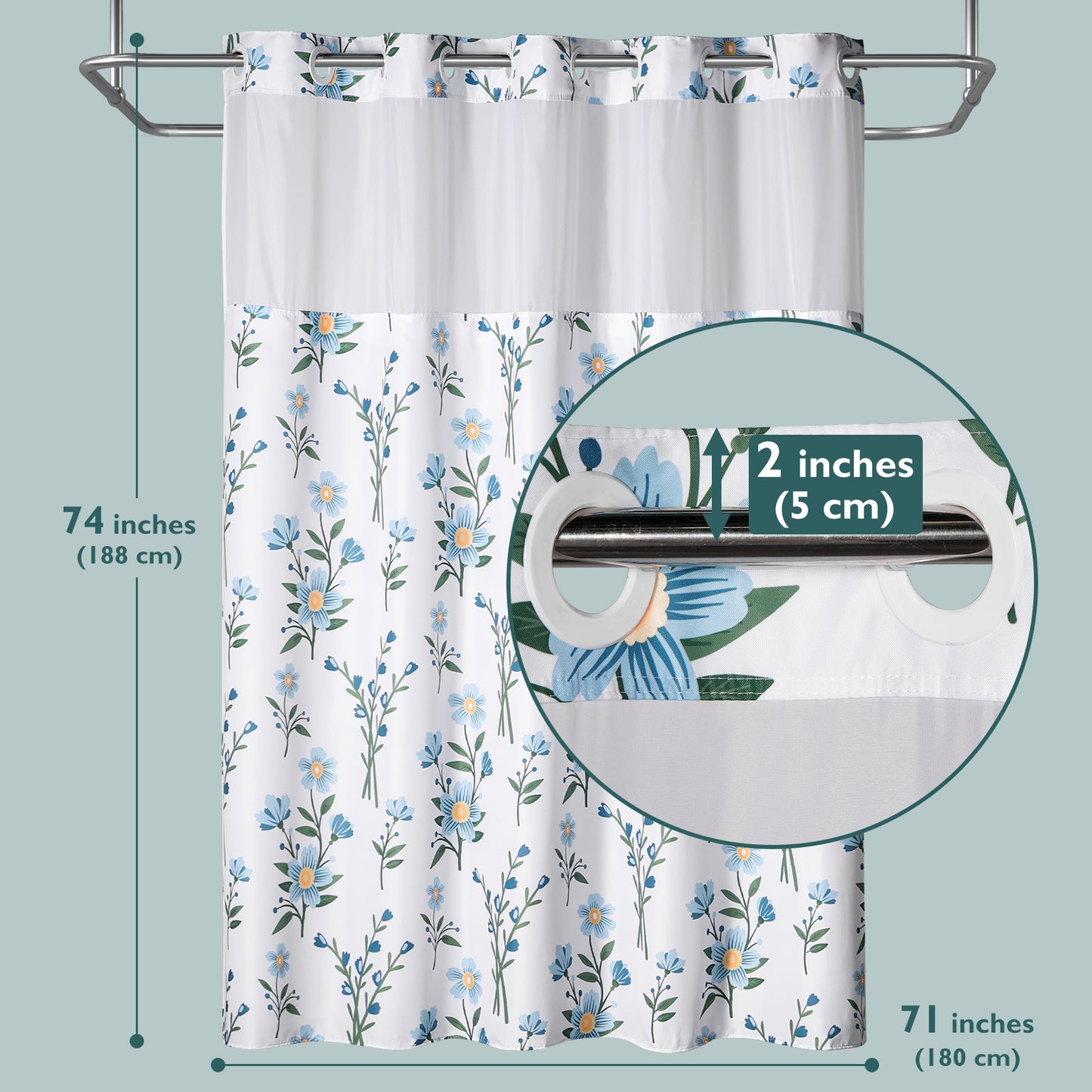 SnapHook Floral Shower Curtain with Snap-in Liner | 71WX74L, Blue Bouquet