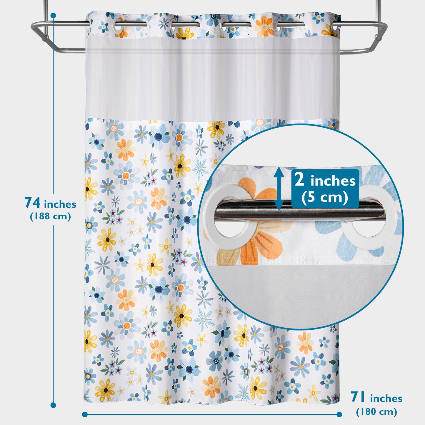 SnapHook Floral Shower Curtain with Snap-in Liner | 71WX74L, Yellow Daisy