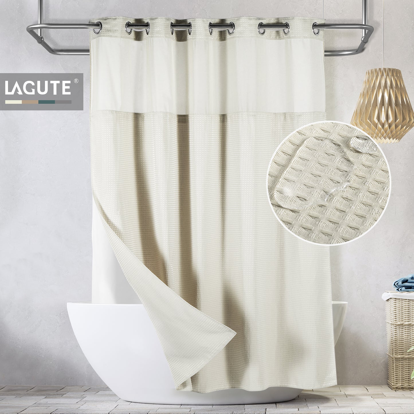 SnapHook Waffle Weave Fabric Shower Curtain with Snap-in Liner | Cream