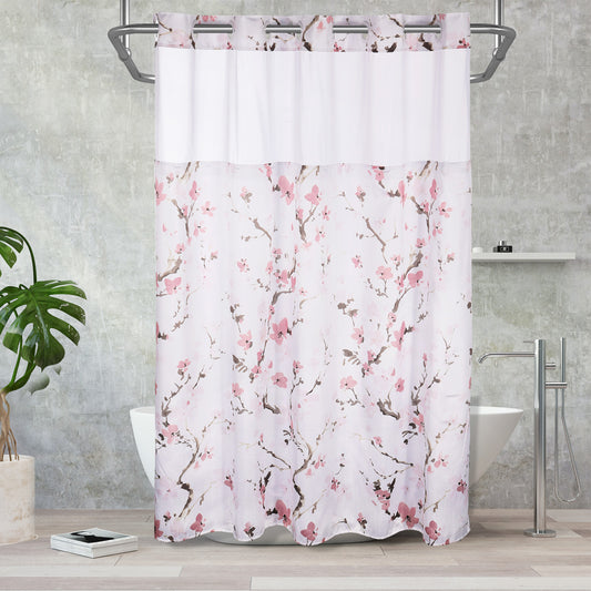 Lagute SnapHook Hook Free Shower Curtain with Snap-in Liner, 71Wx74L, Pink Blossom
