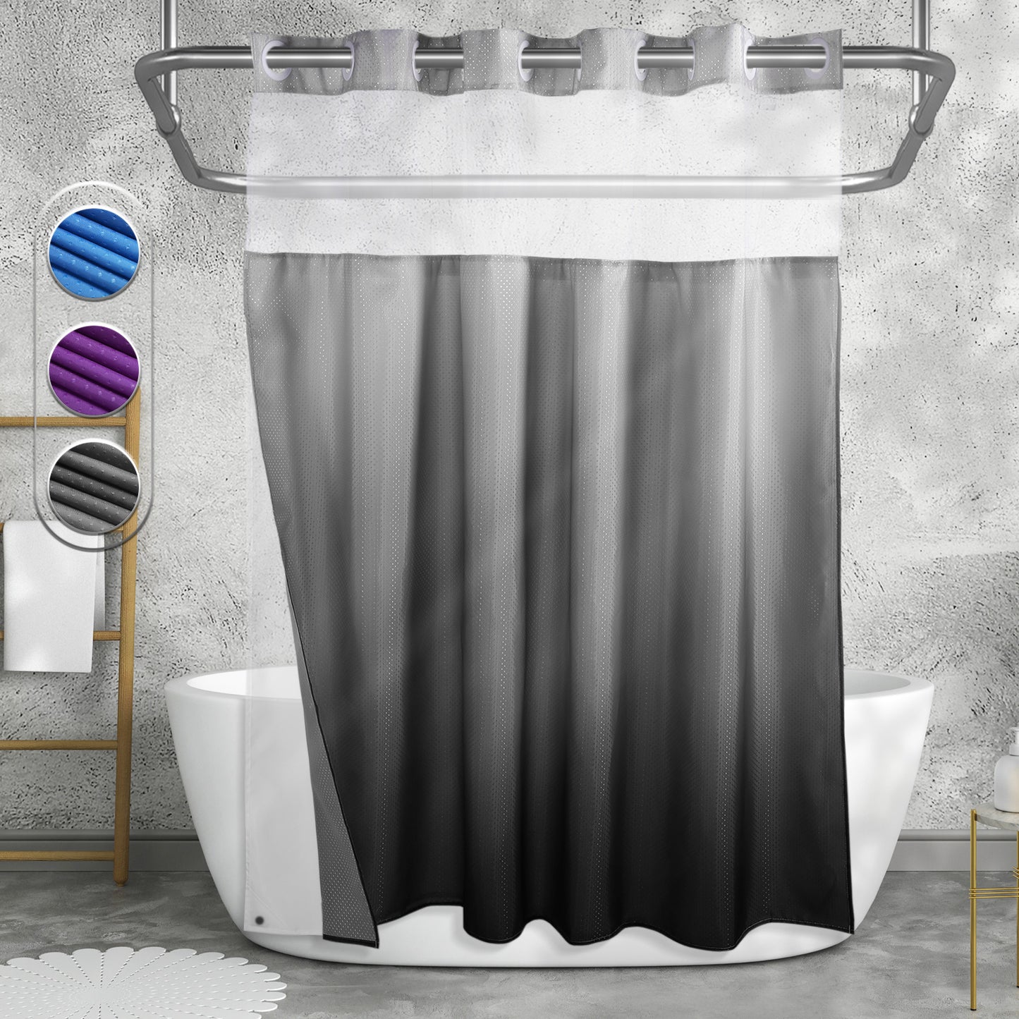 CozyHook Ombre Hook Free Shower Curtain with Snap-in Liner| Gray Gradient, 72Wx72L