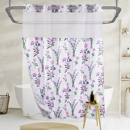 SnapHook Floral Shower Curtain with Snap-in Liner | 71WX74L, Purple Bouquet