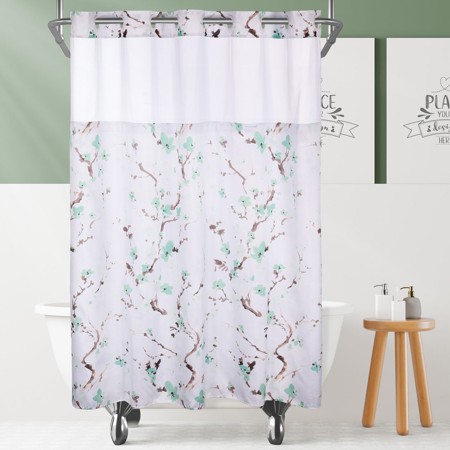 Lagute SnapHook Hook Free Shower Curtain with Snap-in Liner , 71Wx74L, Green Blossom