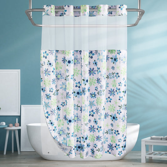 SnapHook Floral Shower Curtain with Snap-in Liner | 71WX74L, Green Bouquet