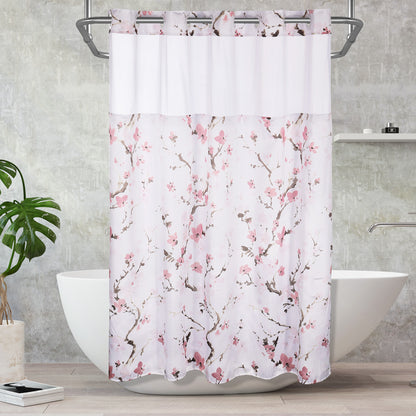 Lagute SnapHook Hook Free Shower Curtain with Snap-in Liner, 71Wx74L, Pink Blossom