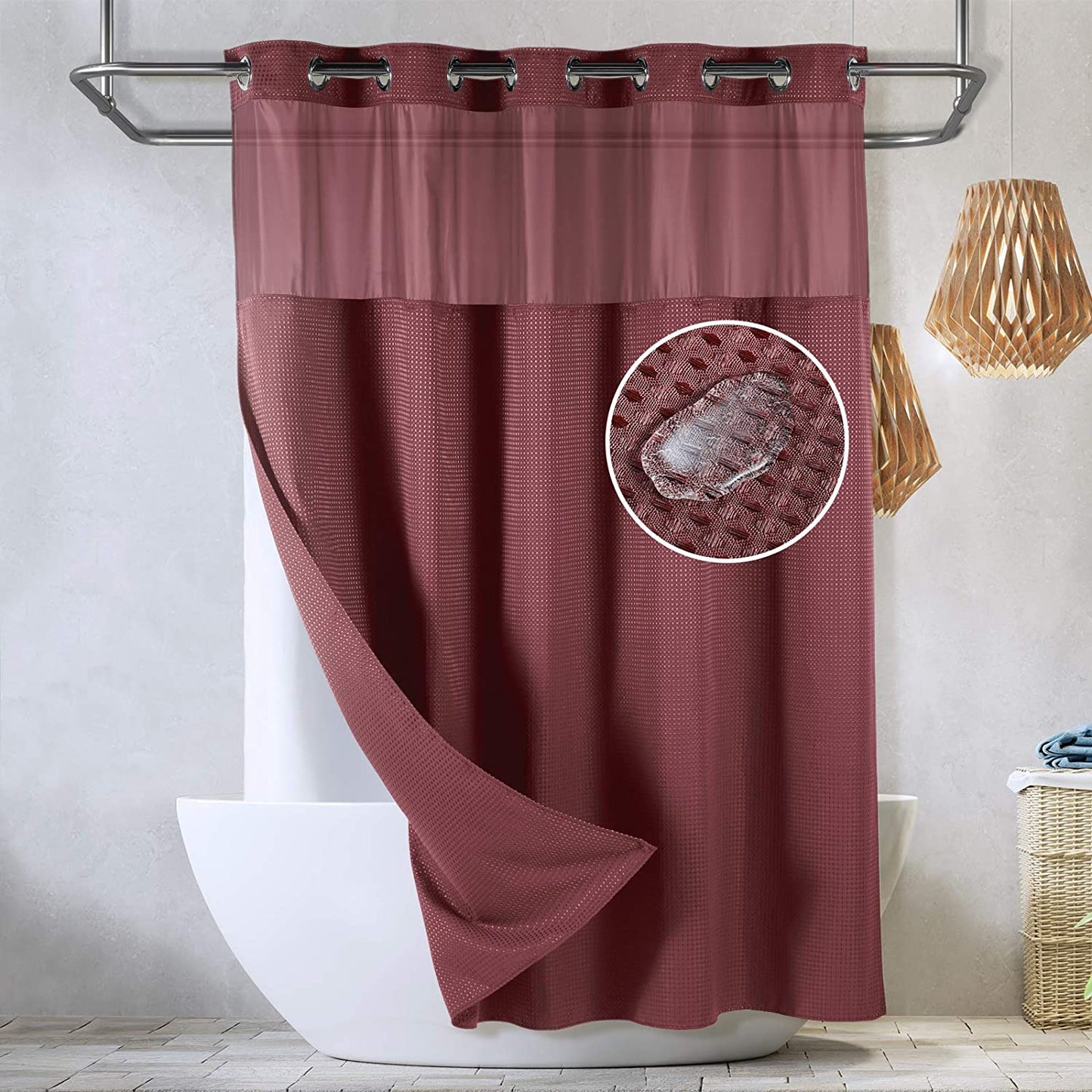 SnapHook Waffle Weave Fabric Shower Curtain with Snap-in Liner | 71WX78L, Wine Red