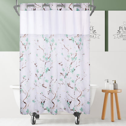 Lagute SnapHook Hook Free Shower Curtain with Snap-in Liner , 71Wx74L, Green Blossom