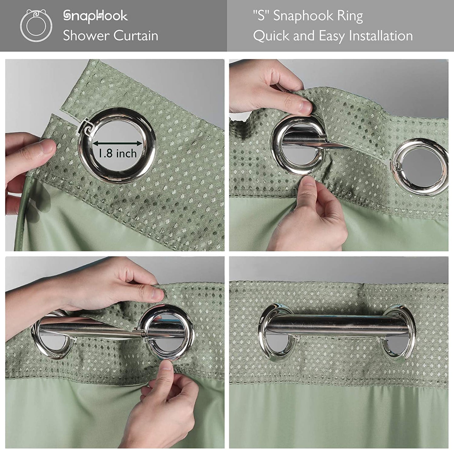 SnapHook Waffle Weave Fabric Shower Curtain with Snap-in Liner | 71WX78L, Sage Green