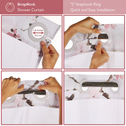 Lagute SnapHook Hook Free Shower Curtain with Snap-in Liner, 71Wx74L, Pink Blossom