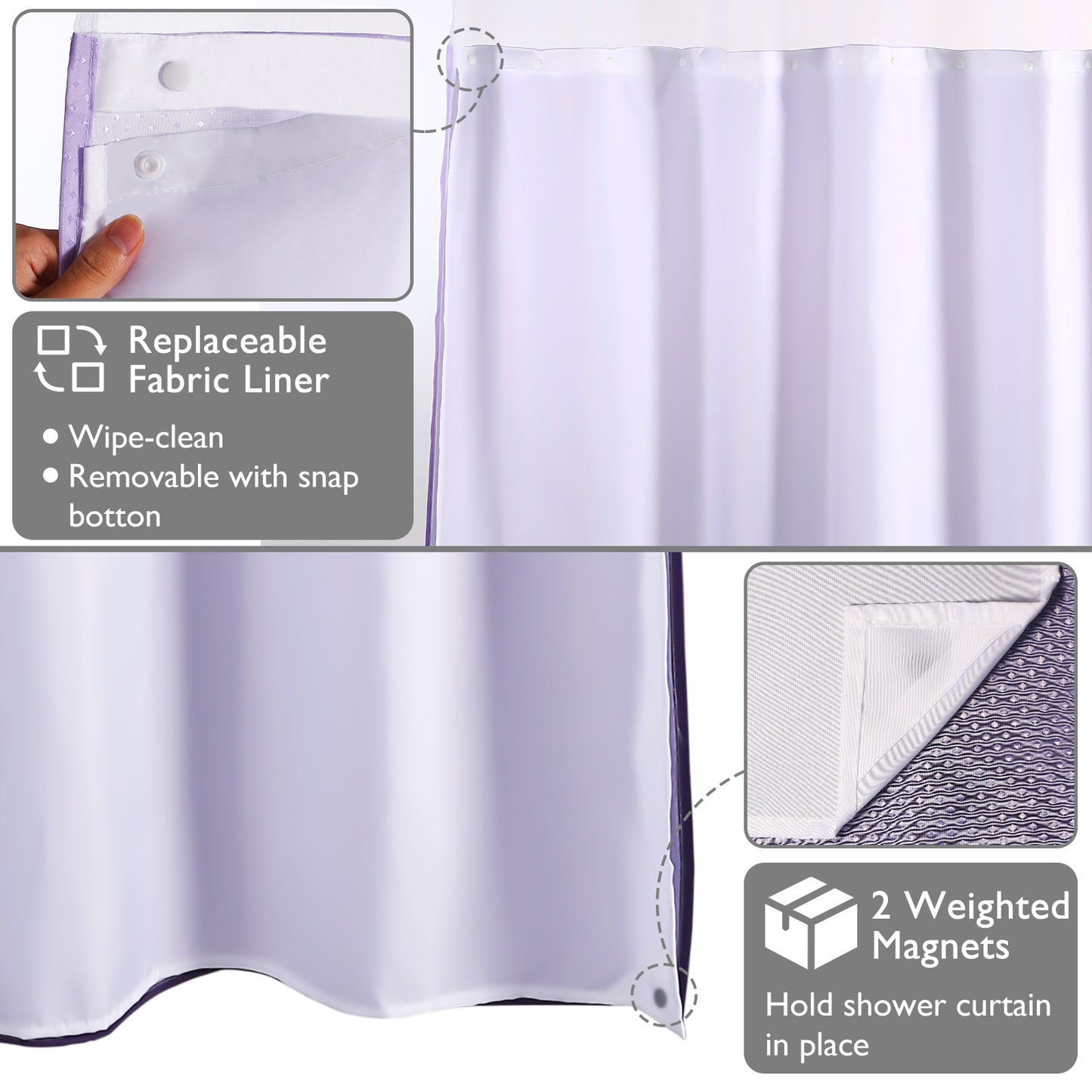 CozyHook Ombre Hook Free Shower Curtain with Snap-in Liner| Purple Gradient, 72Wx72L