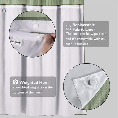 SnapHook Waffle Weave Fabric Shower Curtain with Snap-in Liner | 71WX78L, Sage Green