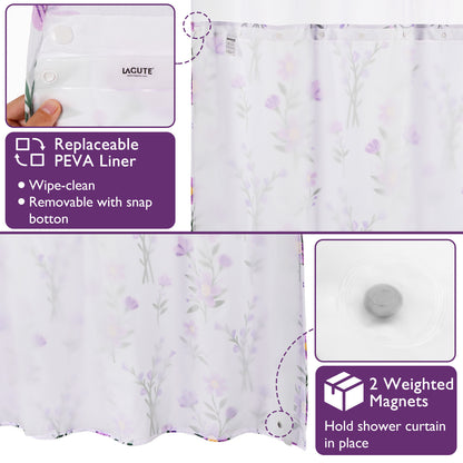 SnapHook Floral Shower Curtain with Snap-in Liner | 71WX74L, Purple Bouquet