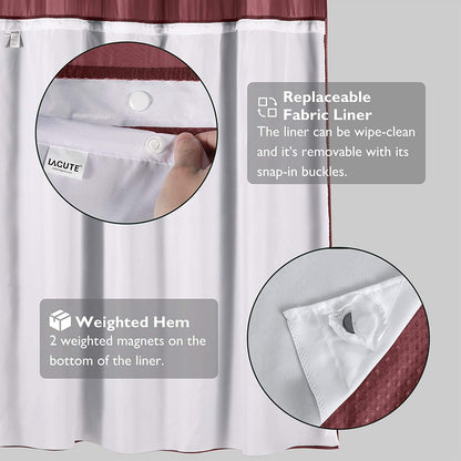 SnapHook Waffle Weave Fabric Shower Curtain with Snap-in Liner | 71WX78L, Wine Red