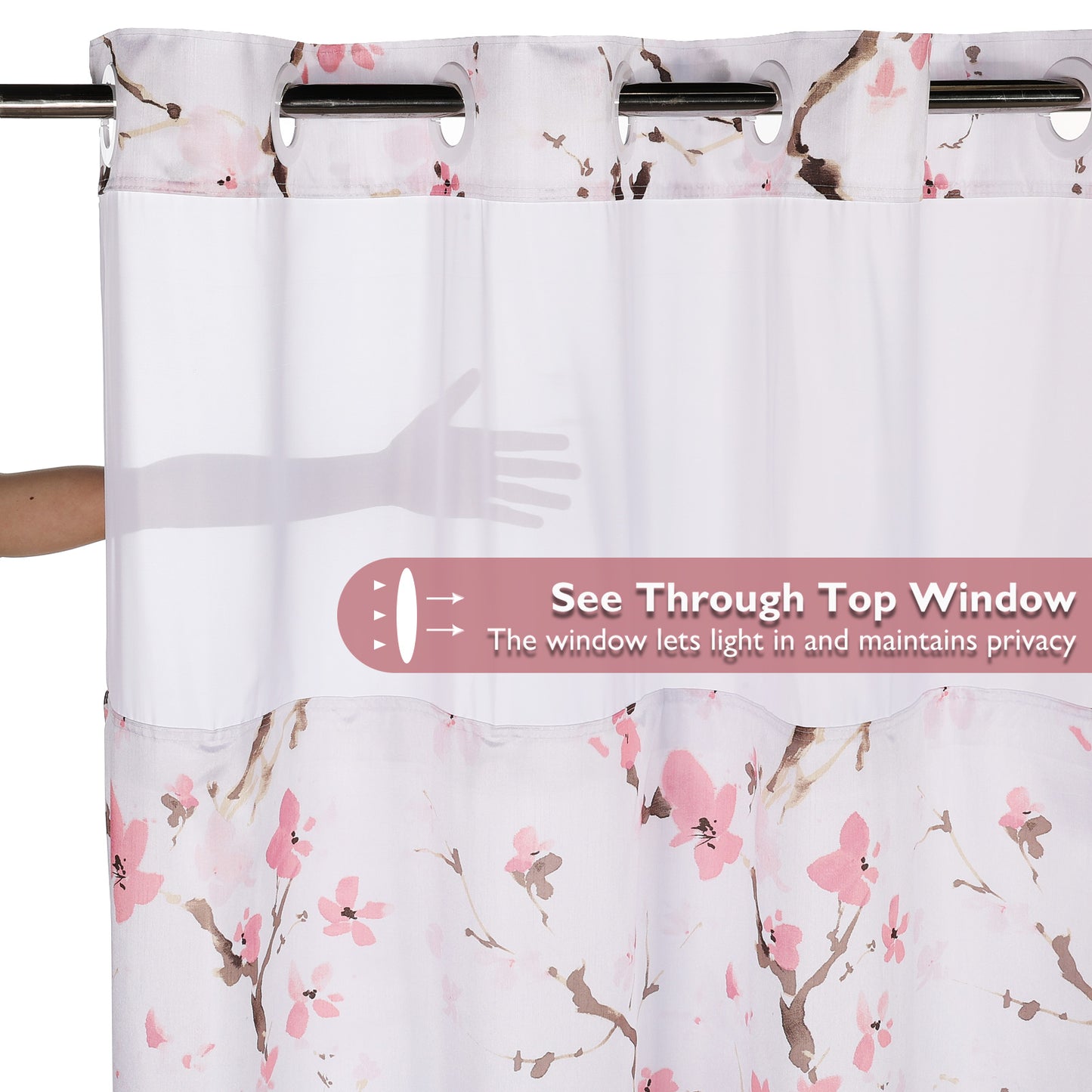 Lagute SnapHook Hook Free Shower Curtain with Snap-in Liner, 71Wx74L, Pink Blossom