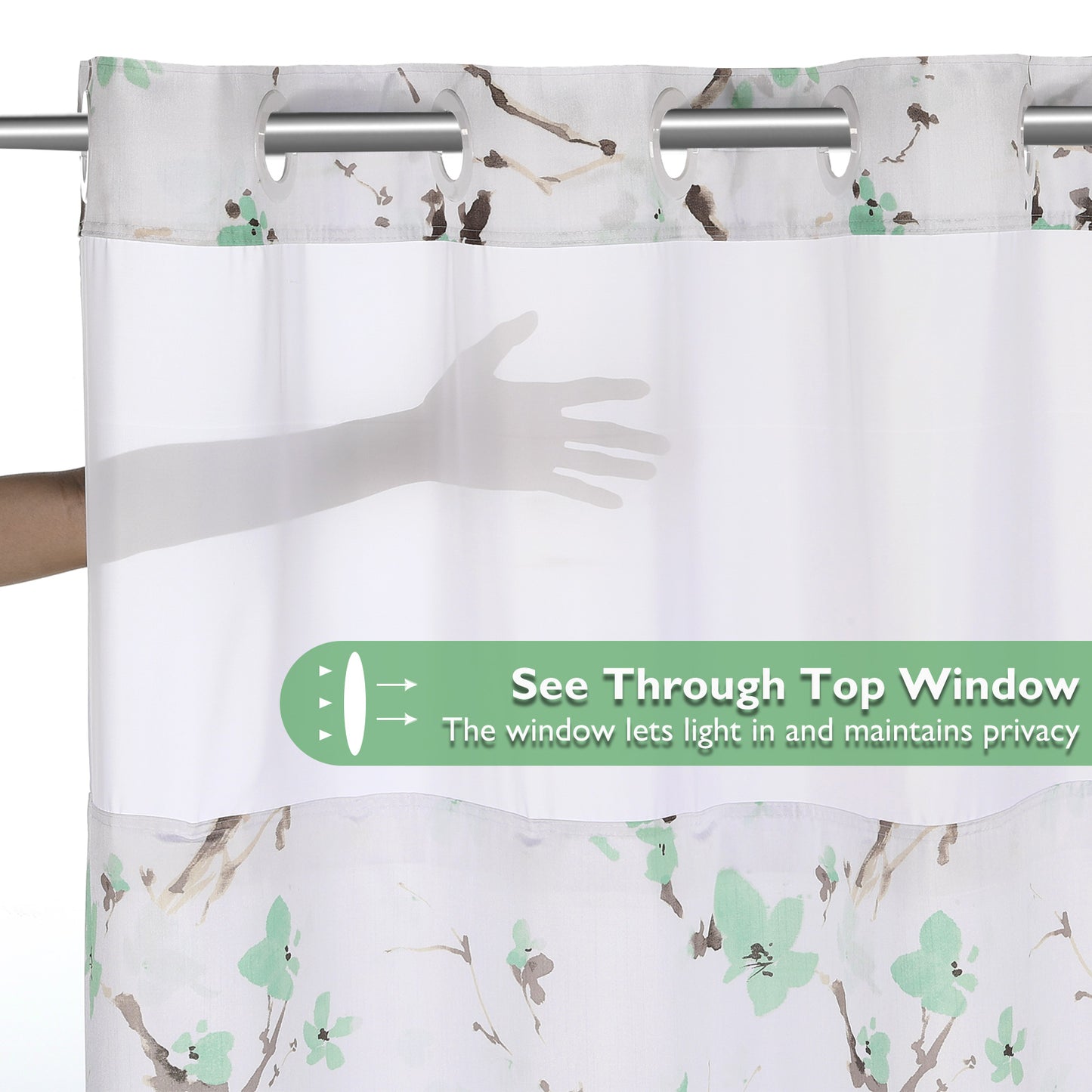 Lagute SnapHook Hook Free Shower Curtain with Snap-in Liner , 71Wx74L, Green Blossom