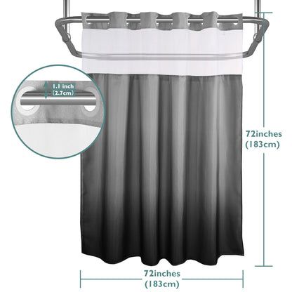 CozyHook Ombre Hook Free Shower Curtain with Snap-in Liner| Gray Gradient, 72Wx72L