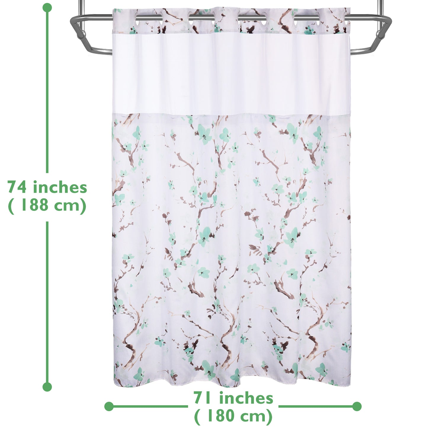 Lagute SnapHook Hook Free Shower Curtain with Snap-in Liner , 71Wx74L, Green Blossom