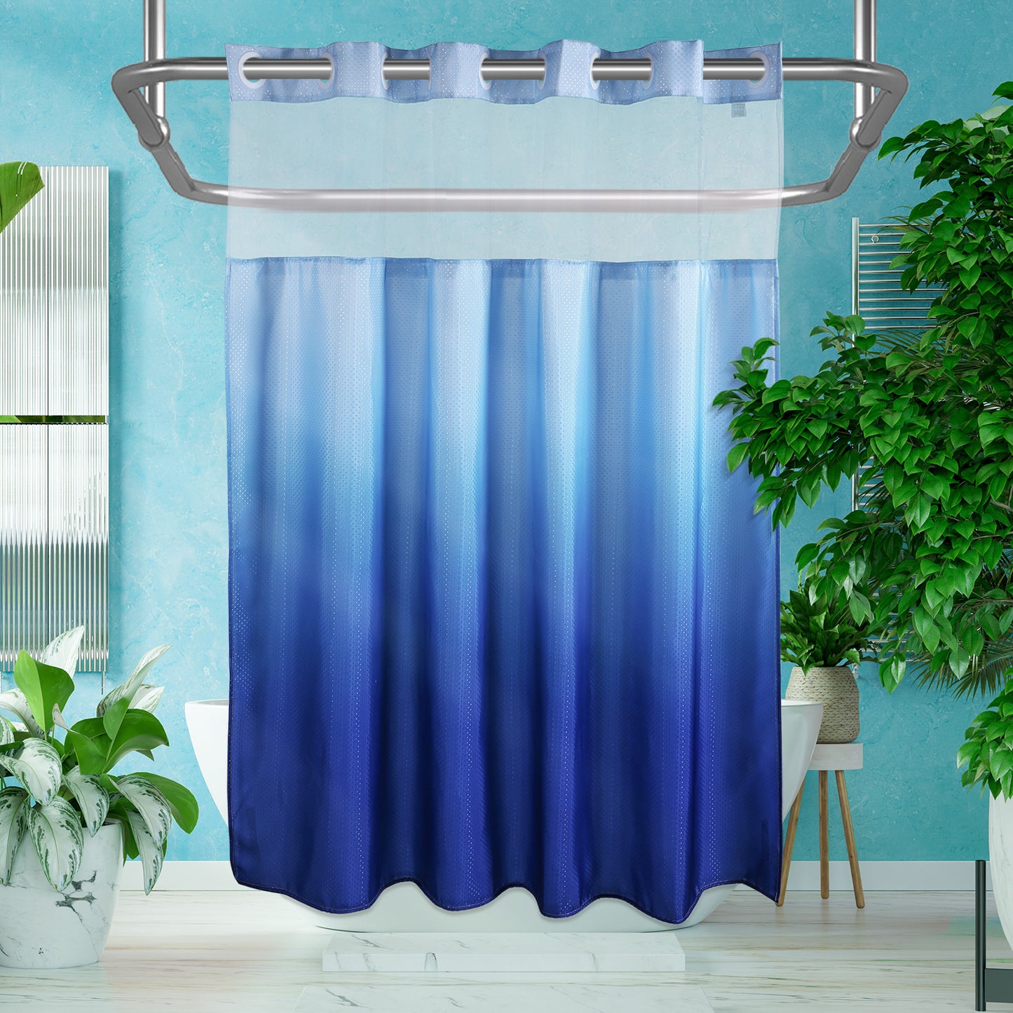 CozyHook Ombre Hook Free Shower Curtain with Snap-in Liner| Blue Gradient, 72Wx72L