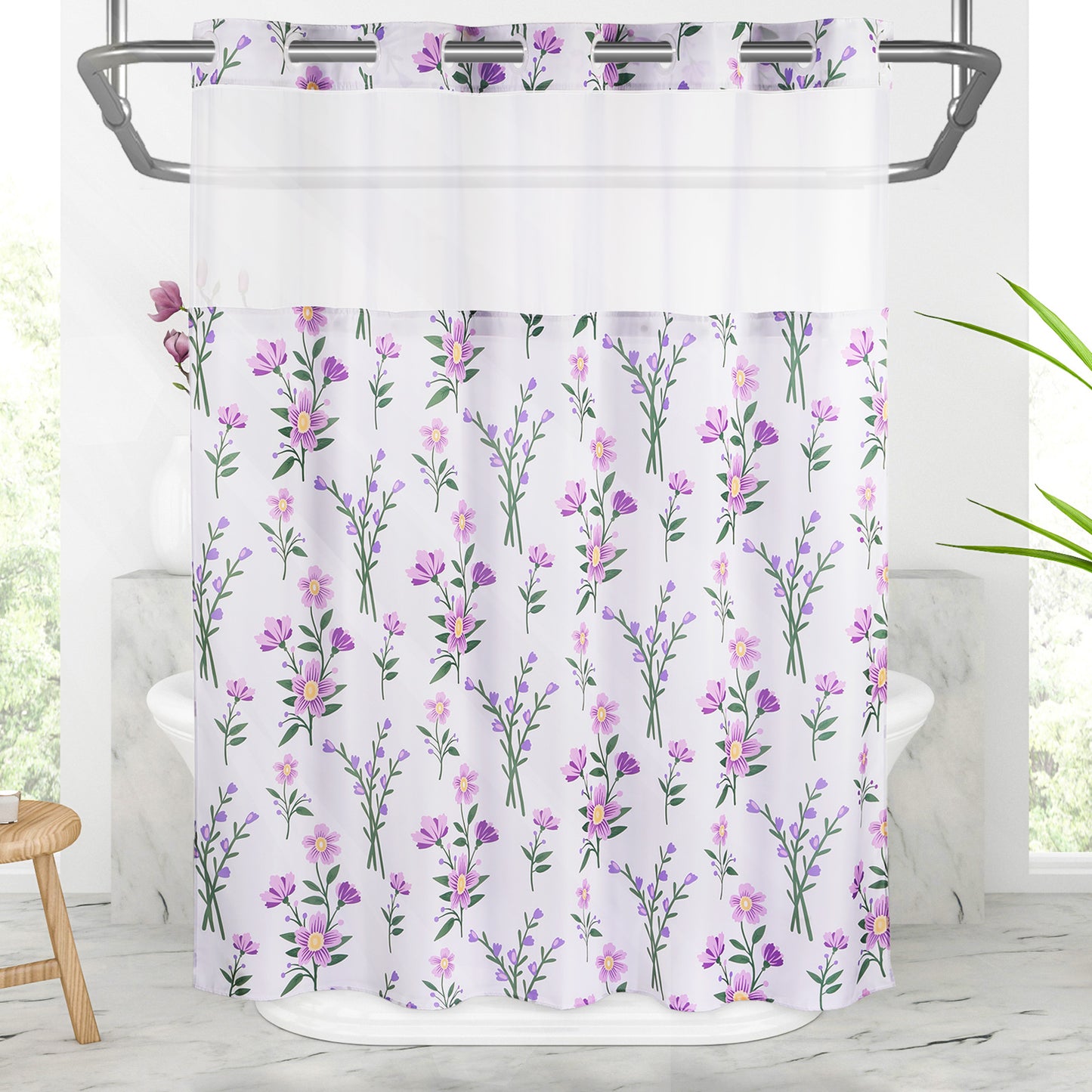 SnapHook Floral Shower Curtain with Snap-in Liner | 71WX74L, Purple Bouquet