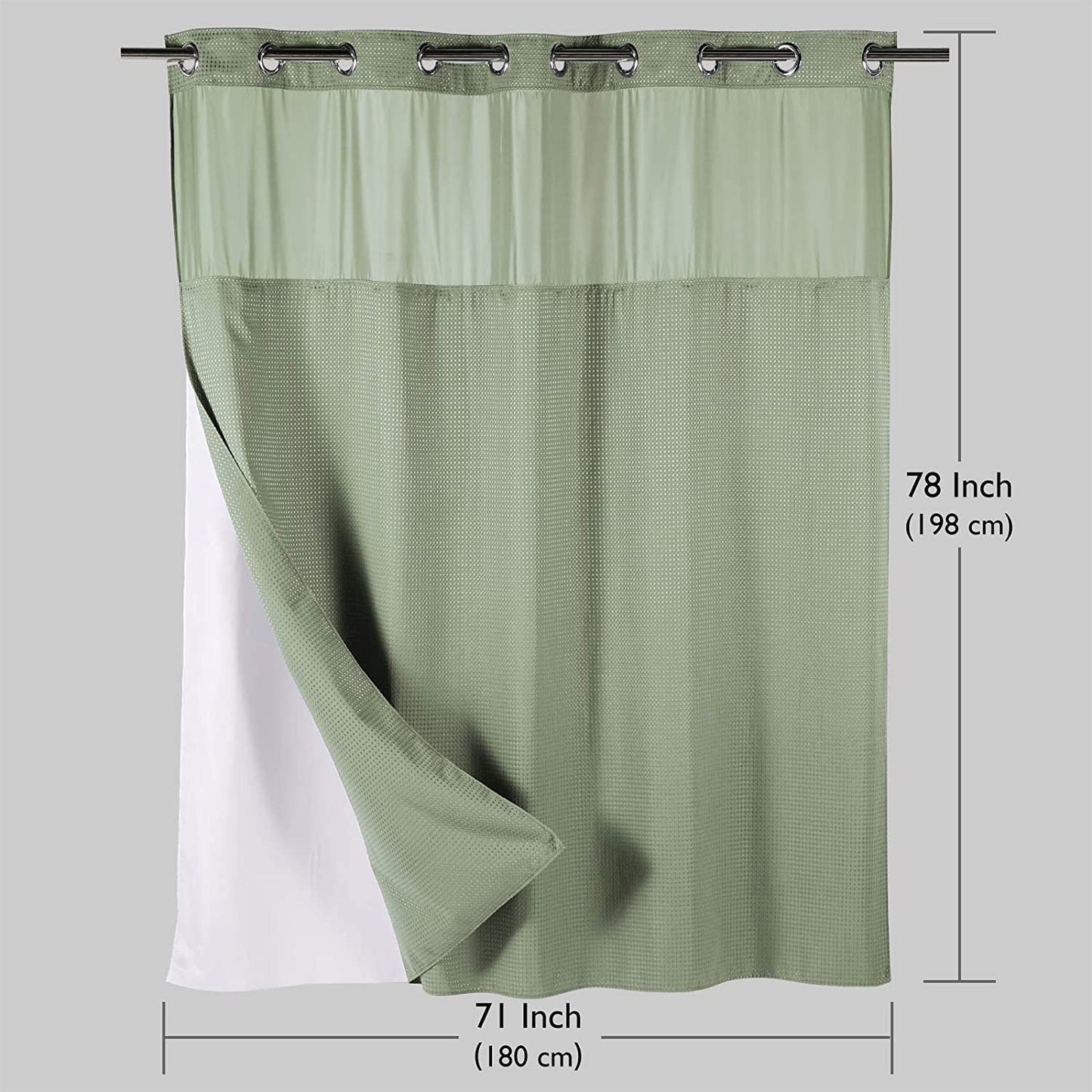 SnapHook Waffle Weave Fabric Shower Curtain with Snap-in Liner | 71WX78L, Sage Green
