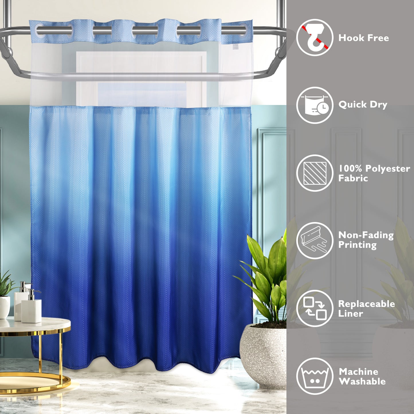 CozyHook Ombre Hook Free Shower Curtain with Snap-in Liner| Blue Gradient, 72Wx72L
