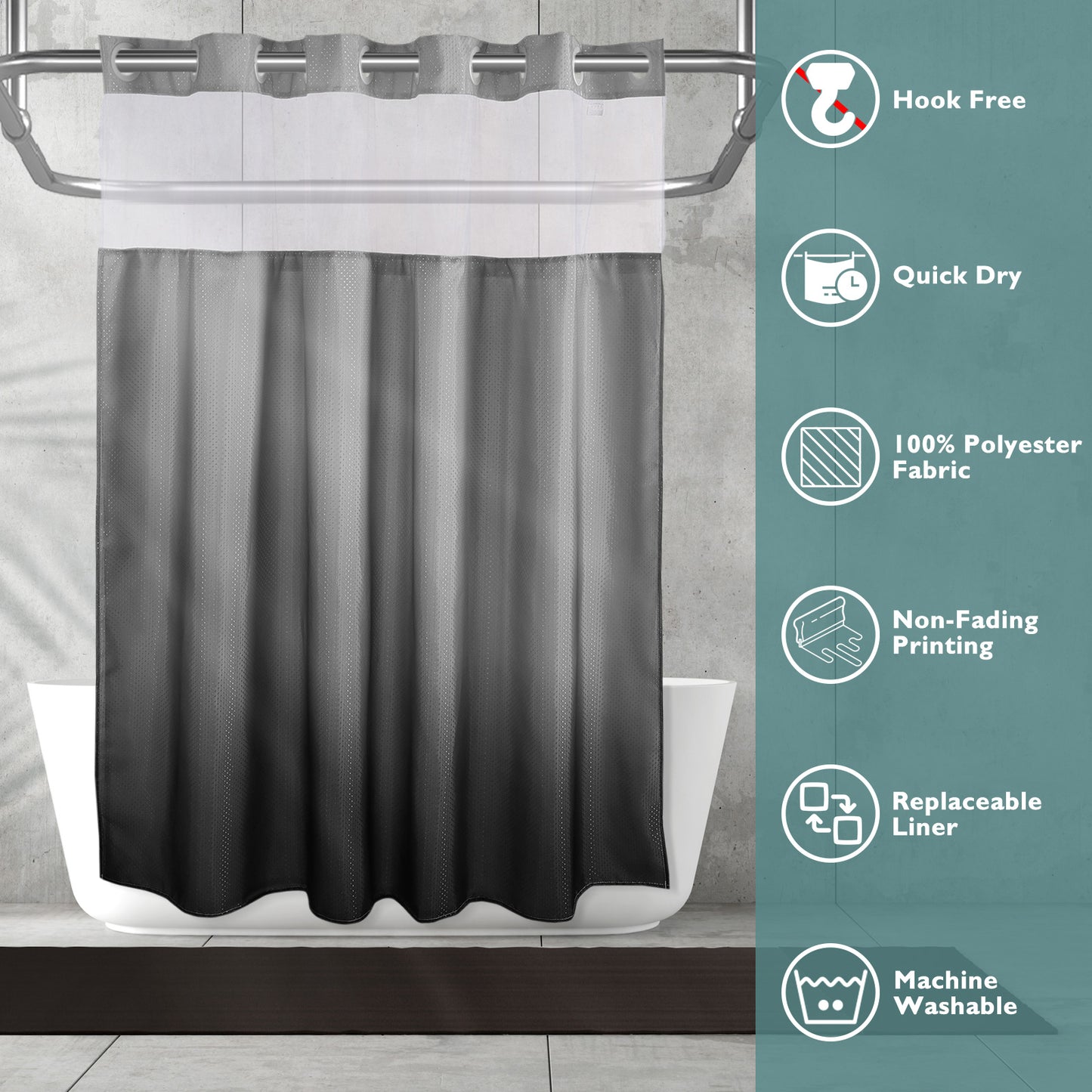 CozyHook Ombre Hook Free Shower Curtain with Snap-in Liner| Gray Gradient, 72Wx72L