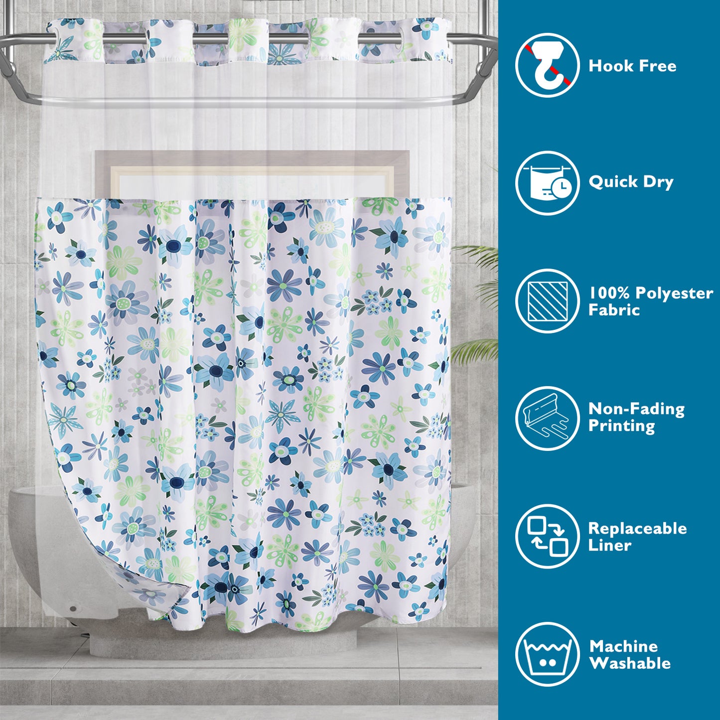 SnapHook Floral Shower Curtain with Snap-in Liner | 71WX74L, Green Bouquet