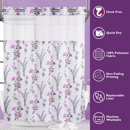 SnapHook Floral Shower Curtain with Snap-in Liner | 71WX74L, Purple Bouquet