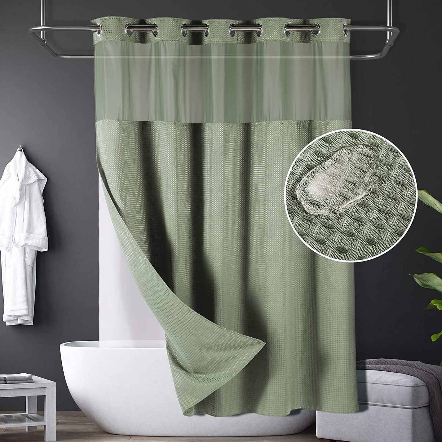 SnapHook Waffle Weave Fabric Shower Curtain with Snap-in Liner | 71WX78L, Sage Green