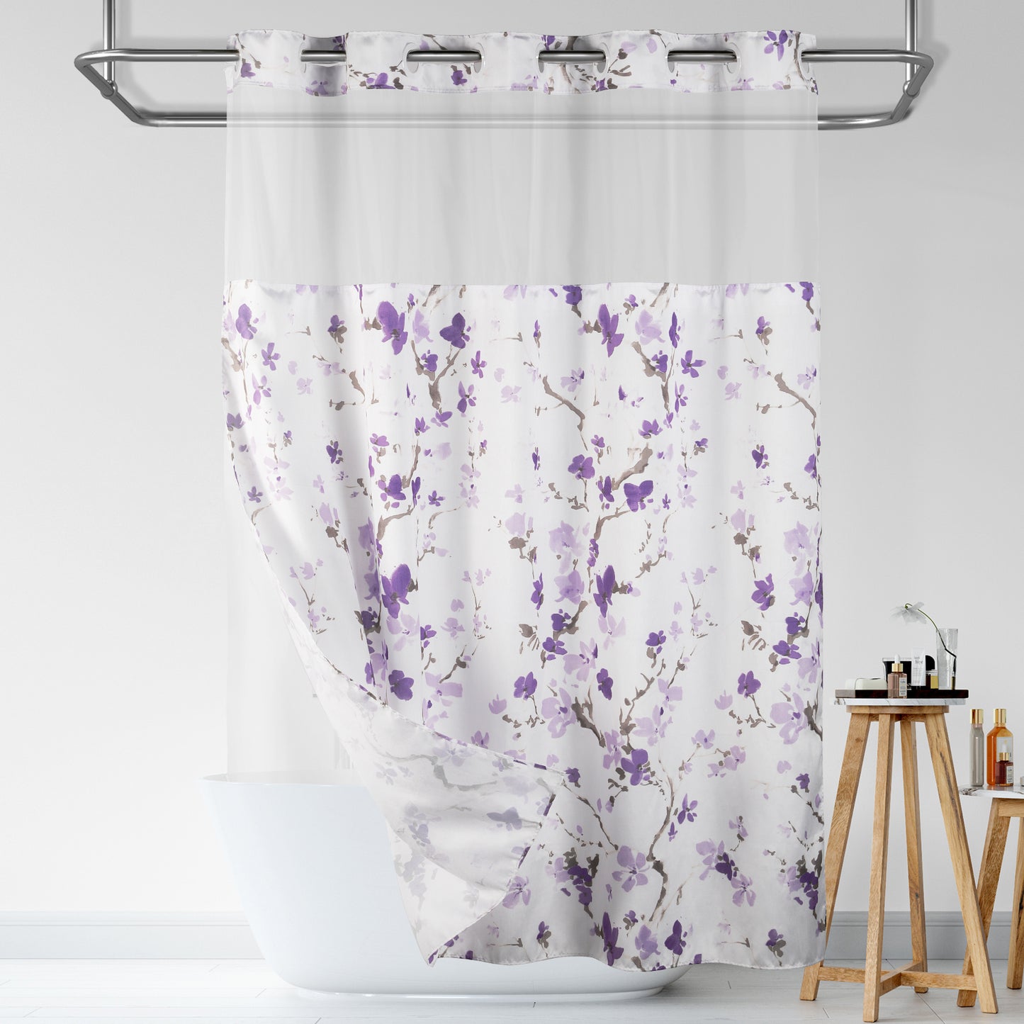 Lagute SnapHook Hook Free Shower Curtain with Snap-in Liner, 71Wx74L, Purple Blossom