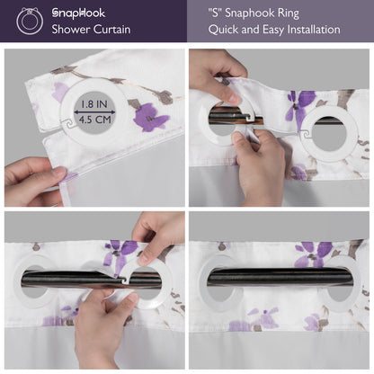 Lagute SnapHook Hook Free Shower Curtain with Snap-in Liner, 71Wx74L, Purple Blossom