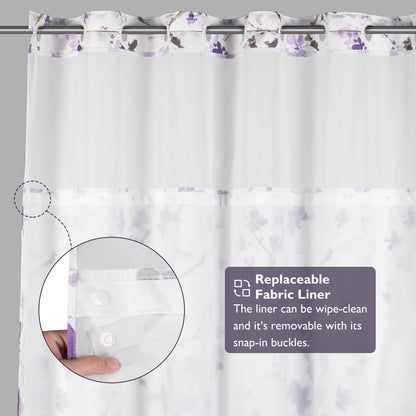 Lagute SnapHook Hook Free Shower Curtain with Snap-in Liner, 71Wx74L, Purple Blossom